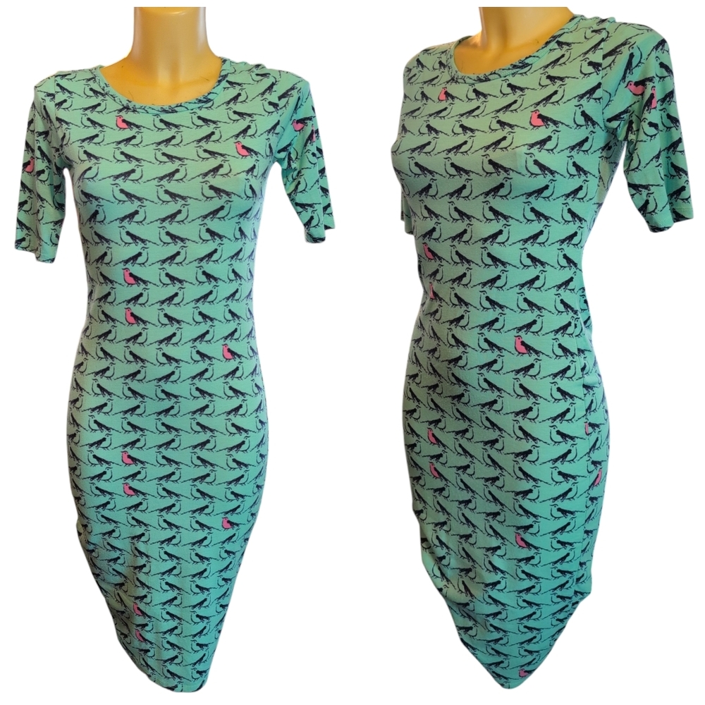 LULAROE Teal Navy Pink Bird Patterned Julia Dress